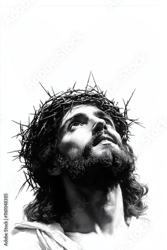 Imagen del rostro de Jesucristo con la corona de espinas, mirando al cielo, ilustración en blanco y negro, la imagen esta centrada, primer plano parte inferior dejando espacio copy en blanco superior