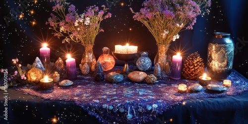 Unconventional approach to mental healing featuring an altar for rituals aimed at removing negative energy and cleansing the aura, illustrating a wicca concept of mental healing. photo