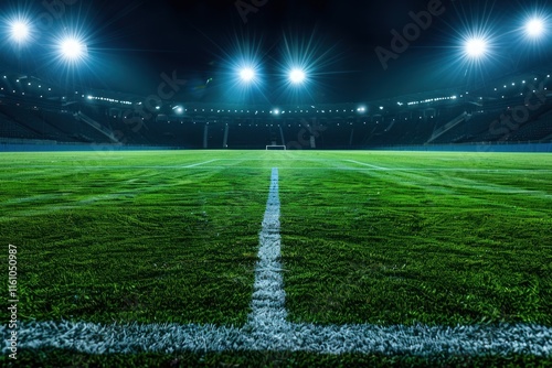 Empty stadium, bright spotlights, green grass field with white line at night.