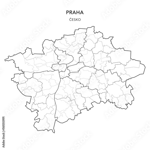 Political Vector Map of Prague (Praha) with Municipal Districts (Obvody), Administrative Districts (Správní Obvod), Municipal Parts (Městské Části) and Cadastral Areas (Katastrální Území) - Czechia