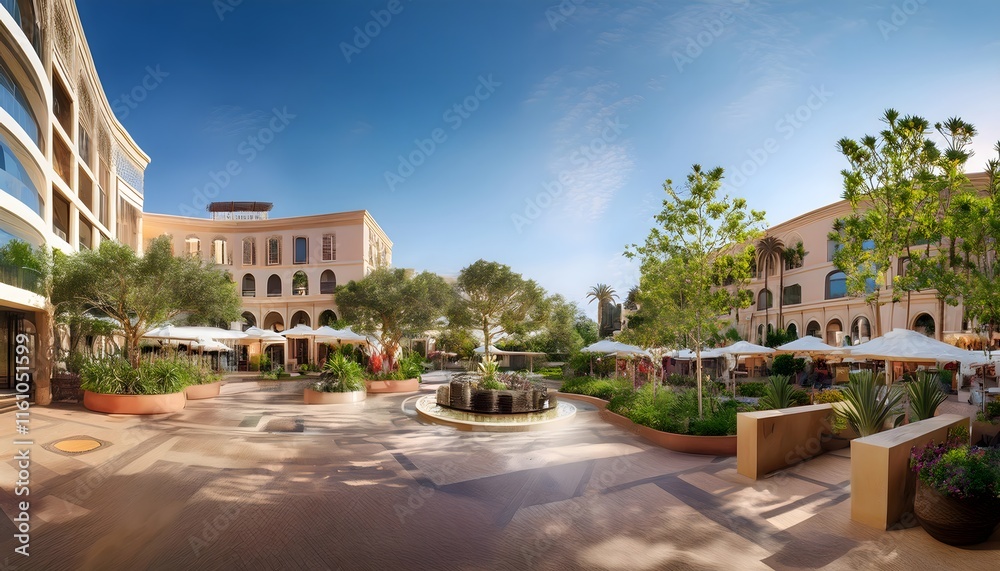 Naklejka premium Mediterranean Courtyard Luxury Resort Sunny Plaza Outdoor Oasis Shops Fountain