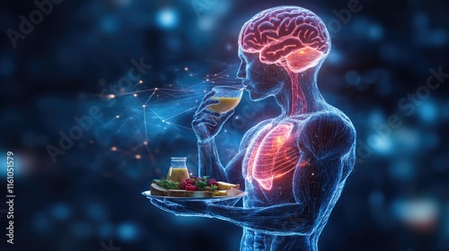 Digital illustration of human anatomy with brain activity and healthy eating concept