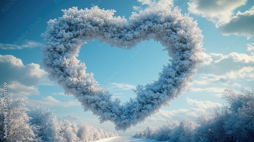 Naklejka premium Heart-shaped snow formation in winter wonderland landscape. The 14th of February. Happy Valentine's Day