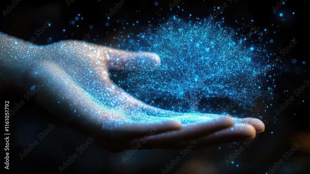 Fototapeta premium Magical blue tree in hand with glowing particles