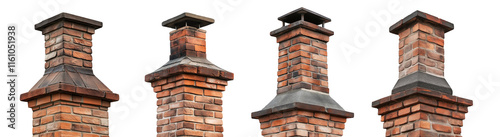 Set of brick chimneys isolated on transparent or white background
