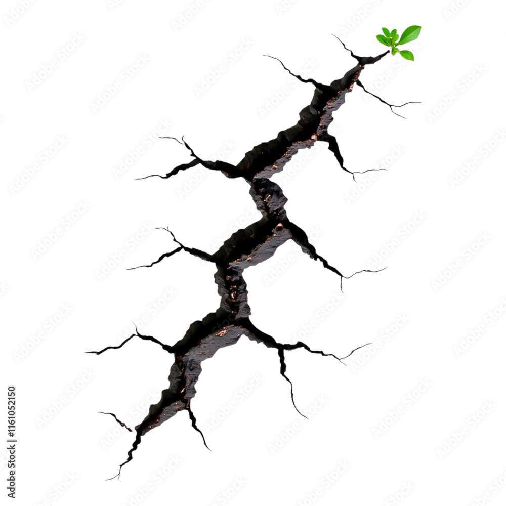 Cracked Earth with Small Green Plant Emerging from the Soil