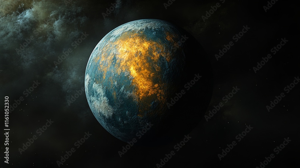 Naklejka premium Planetary emergence amidst swirling clouds in a cosmic landscape