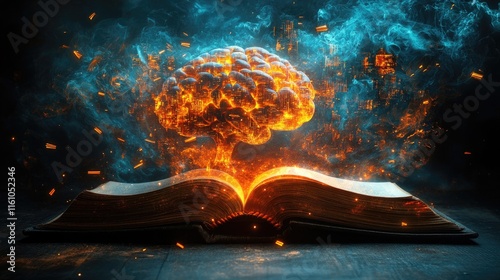 Artificial intelligence brain emerging from open book amidst digital sparks