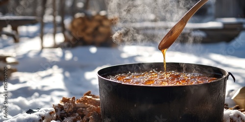 Obraz na płótnie Traditional method of producing maple syrup by boiling sap in a cauldron, highlighting the authentic process of making maple syrup and the rich flavors it delivers. w salonie