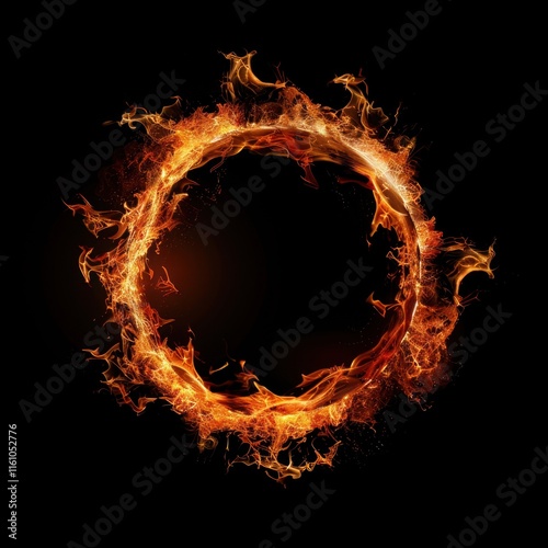 Burning ring of fire, flame circle isolated on black background.