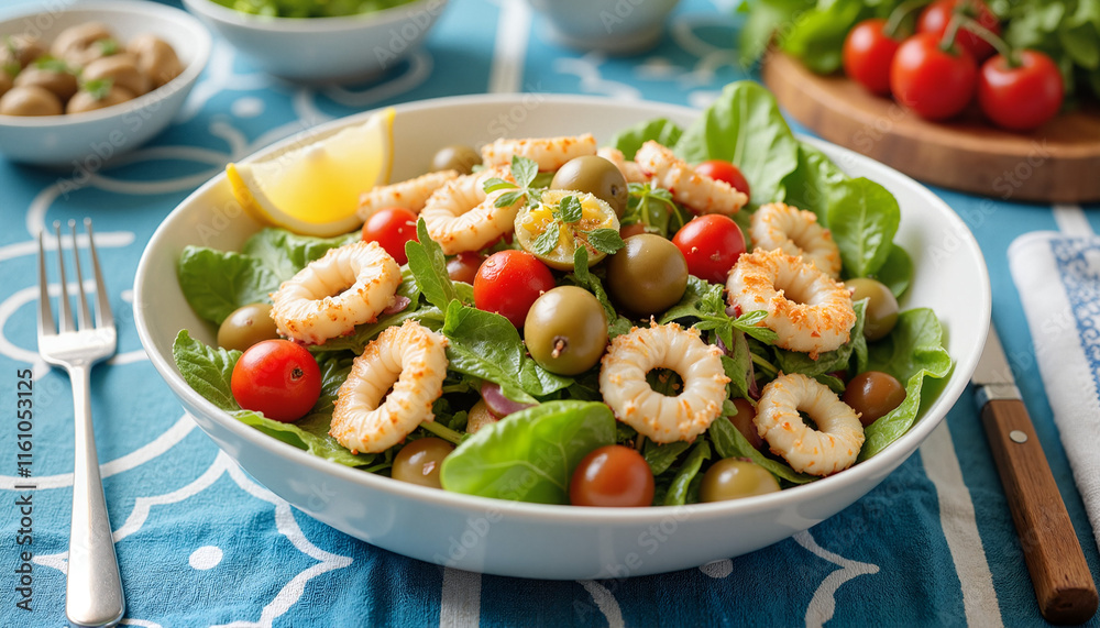 Calamari salad with cherry tomatoes and green olives Calamari salad with cherry tomatoes and green olives