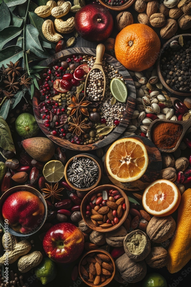 A close-up of a table full of assorted fruits and nuts, representing healthful eating. A close-up of a table full of assorted fruits and nuts, representing healthful eating.