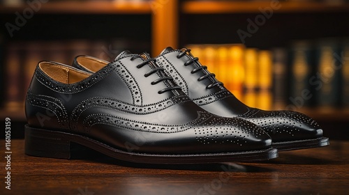 pair of polished black leather Oxford shoes sits on sleek wooden surface. Soft studio lighting enhances intricate stitching and glossy finish creating sophisticated look.