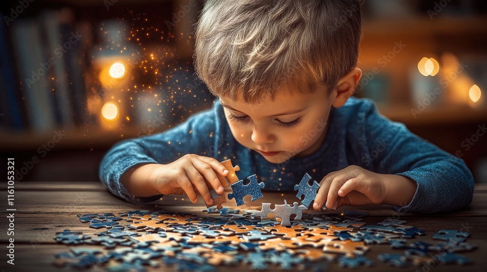 Young caucasian boy engaged in puzzle solving with warm ambient lighting Young caucasian boy engaged in puzzle solving with warm ambient lighting