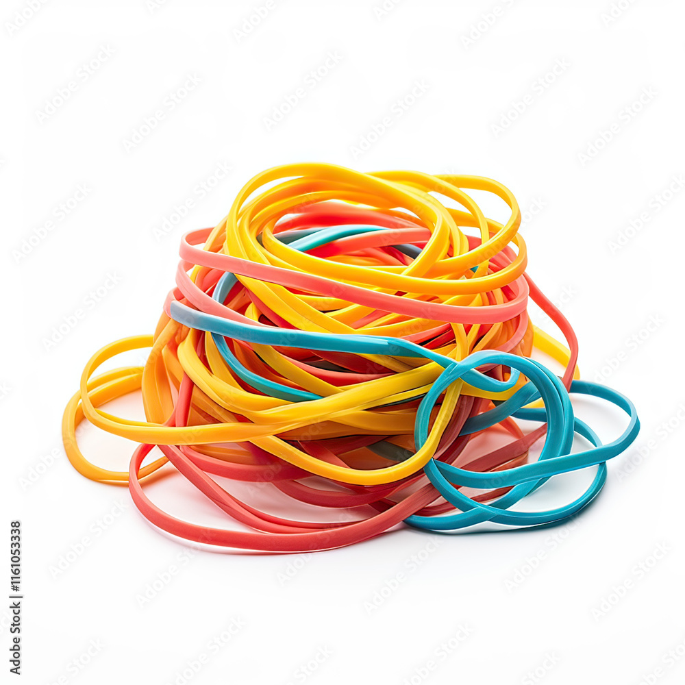 pile colorful rubber bands on white background