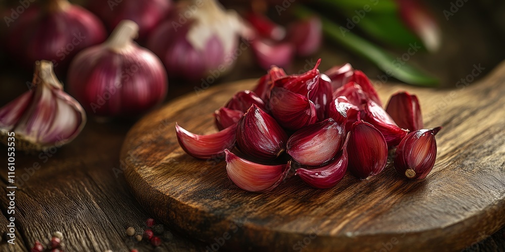Focus on red garlic, highlighting its uses in seasoning and tea. This vertical shot showcases red garlic s medicinal properties, inviting a closer look at this vibrant ingredient. Focus on red garlic, highlighting its uses in seasoning and tea. This vertical shot showcases red garlic s medicinal properties, inviting a closer look at this vibrant ingredient.