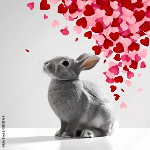 A grey rabbit sits on a white surface surrounded by flowing red and pink heart-shaped hearts, creating a whimsical and loving atmosphere photo