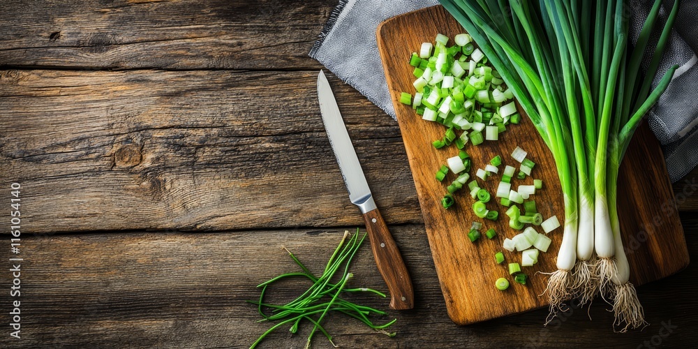 Fresh green onions placed on a chopping board, accompanied by a knife and a napkin on a rustic wooden table, create a vibrant scene centered around green onions and cooking preparation. Fresh green onions placed on a chopping board, accompanied by a knife and a napkin on a rustic wooden table, create a vibrant scene centered around green onions and cooking preparation.