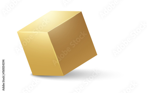 3d gold metallic cube. Realistic vector geometric shape. Golden glossy box with shadow