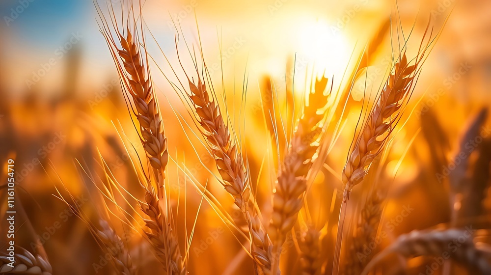 Golden wheat field at sunset, close-up view of ripe wheat ears illuminated by warm sunlight. Golden wheat field at sunset, close-up view of ripe wheat ears illuminated by warm sunlight.