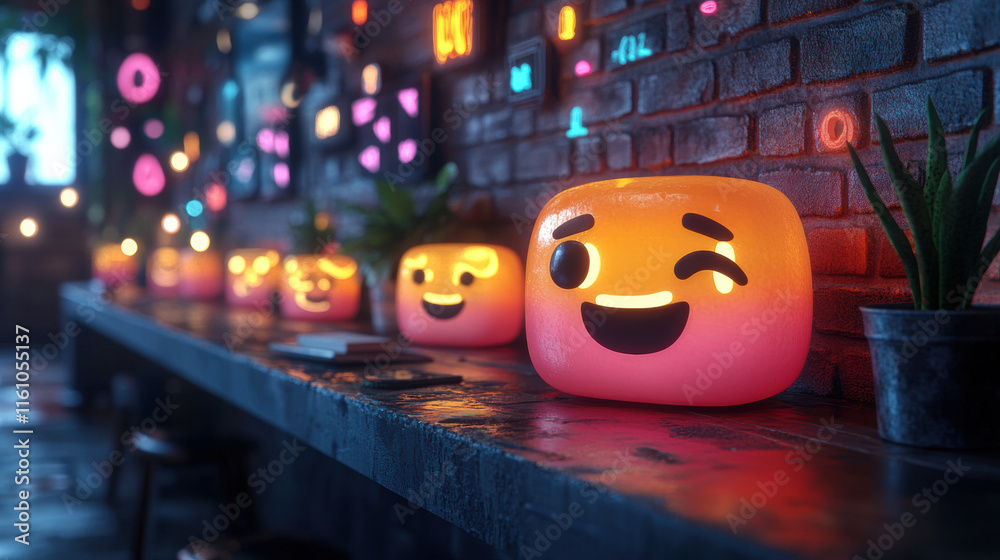 Fototapeta premium vibrant scene of glowing emoji shaped lamps on bar counter in cozy, neon lit cafe, creating playful and cheerful atmosphere with colorful lights and decor