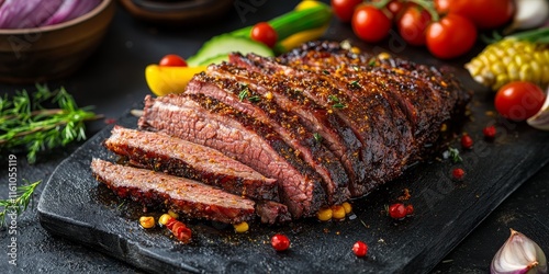 Juicy roasted corn beef brisket, enhanced with seasonings, is beautifully sliced and accompanied by fresh vegetables. Selective focus highlights the brisket s texture and spices, showcasing its