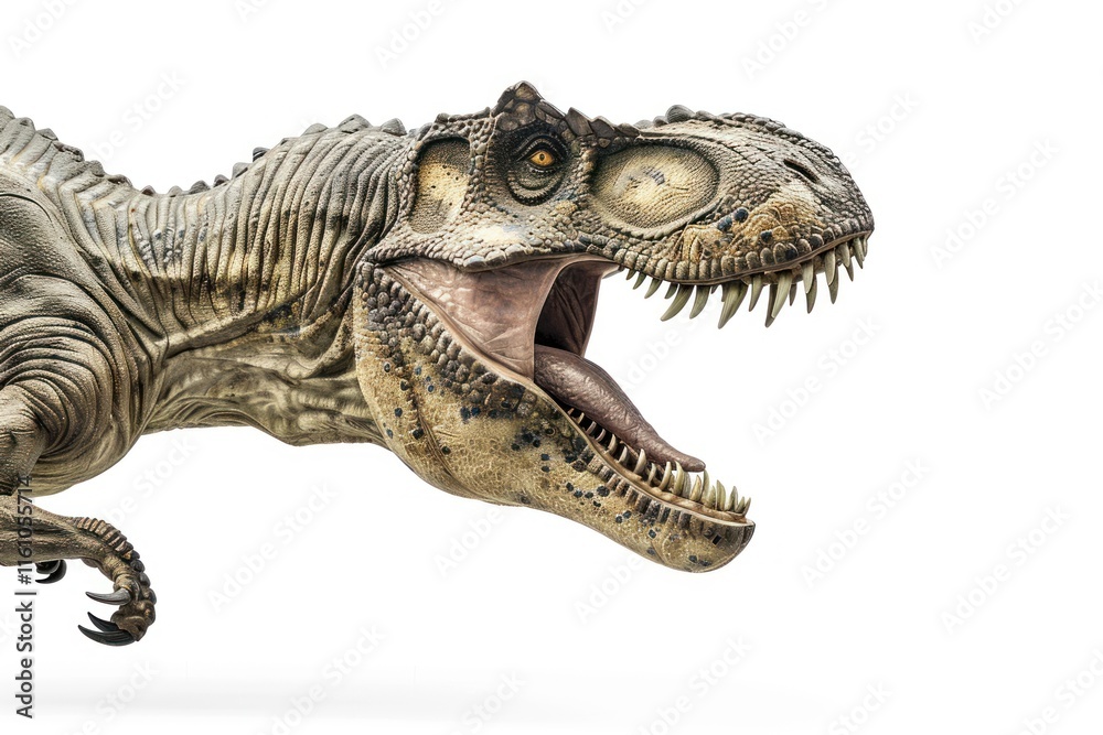 Obraz premium Angry dinosaur, T-Rex with open mouth, teeth and tongue isolated.