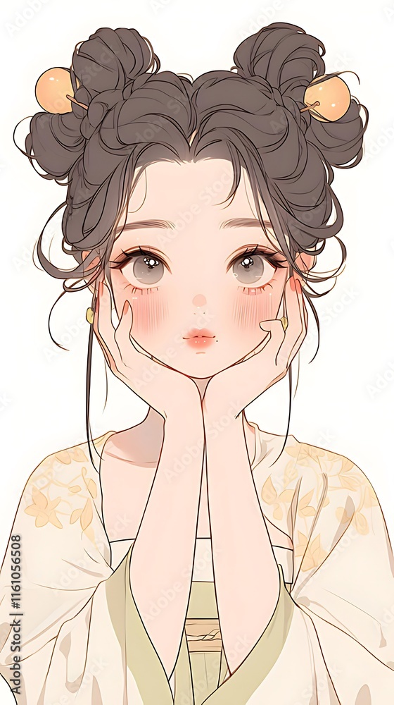 Cute girl with double buns hairstyle, light makeup, and pastel outfit, posing with hands on cheeks. Cute girl with double buns hairstyle, light makeup, and pastel outfit, posing with hands on cheeks.
