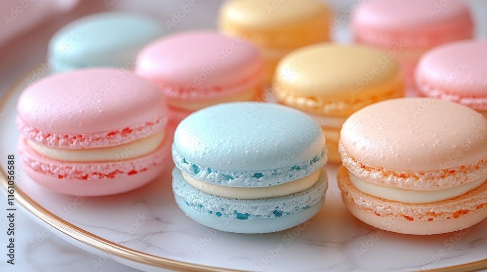 Fototapeta premium Colorful macarons arranged on a decorative plate.