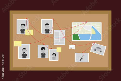 Detective Investigation Board Illustration, Crime Scene Evidence Board, Detective's Clue Board with Notes and Photos Vector.