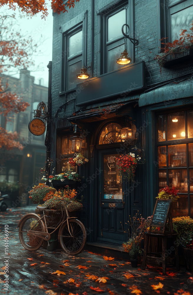 Naklejka premium The building has a bike rack outside and a potted plant on the sidewalk. The front door is open and there is a bench outside