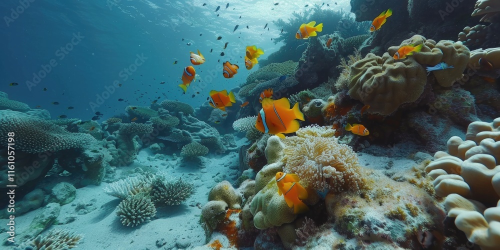 Fototapeta premium A beautiful underwater scene in a coral reef. Vibrant fish and rich marine life surround the viewer, showcasing a thriving ecosystem for scuba divers to explore.