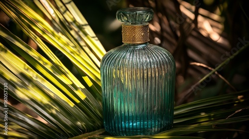 Elegant glass perfume bottle amidst lush greenery