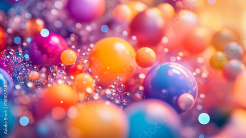 Colorful spheres and bubbles create an abstract, vibrant composition in soft focus