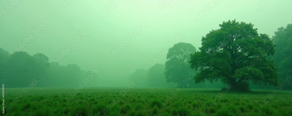 Fototapeta premium Misty forest landscape with blurred trees in the foreground and a soft green background, foliage, woods, forest