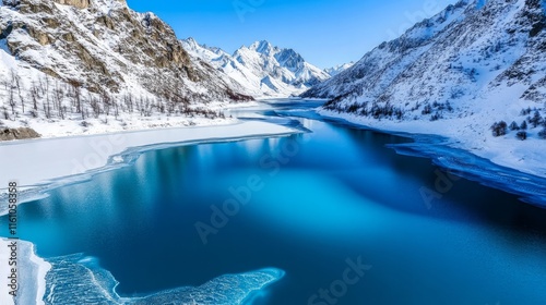 Frozen lake surrounded by snowcovered rocky mountains Bluetoned 3D illustration photo