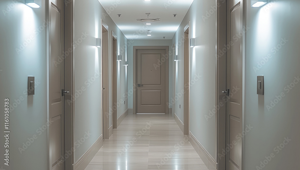 A clean apartment hallway featuring apartment doors. The hallway is well-lit with modern wall-mounted lights along the white walls. A clean apartment hallway featuring apartment doors. The hallway is well-lit with modern wall-mounted lights along the white walls.