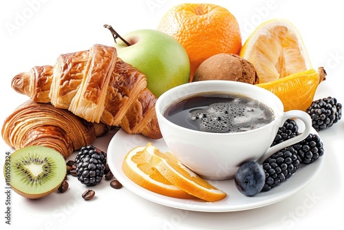 A plate of breakfast foods including coffee, pastries, and fresh fruit.