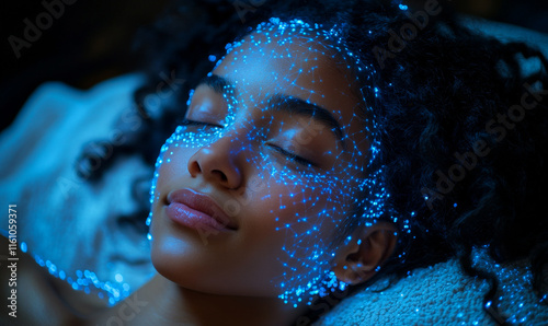 A woman with blue hair and blue eyes is sleeping. The blue light is shining on her face, creating a dreamy and peaceful atmosphere