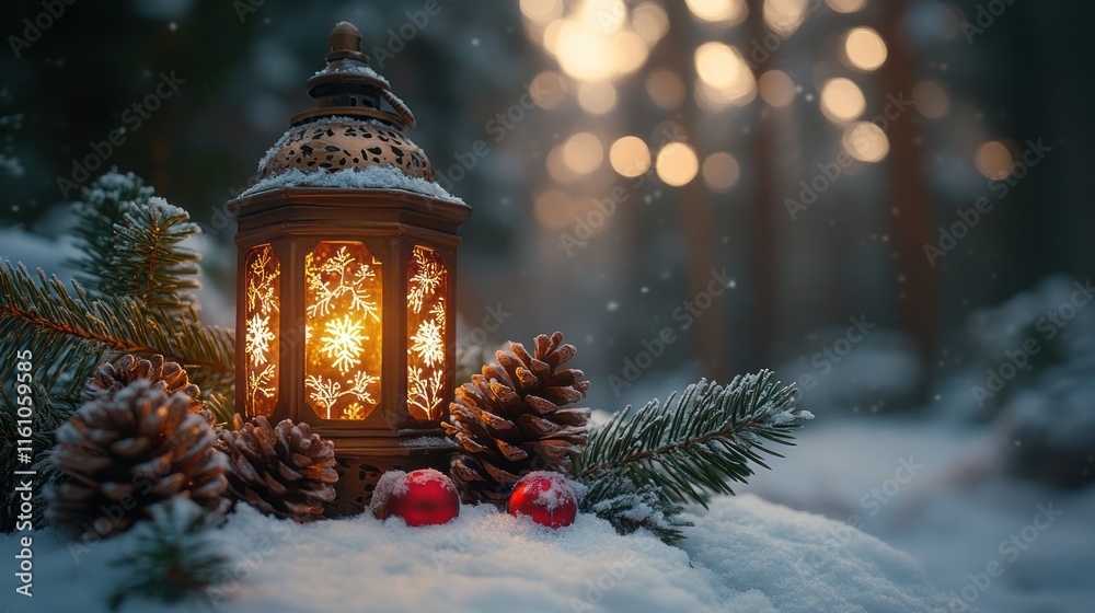 Illuminated lantern with pine cones and fir branches in snowy forest. Illuminated lantern with pine cones and fir branches in snowy forest.