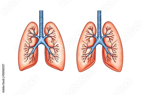 A detailed, artistic depiction of a pair of human lungs, showcasing their intricate vascular structure.