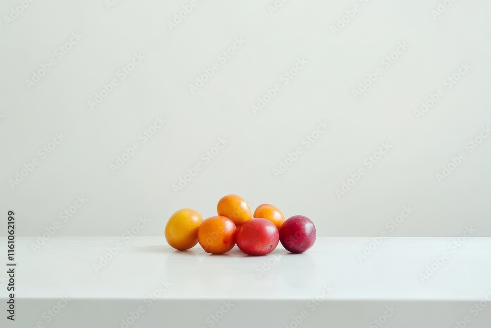 A simple arrangement of colorful plums on a white surface against a light background. A simple arrangement of colorful plums on a white surface against a light background.