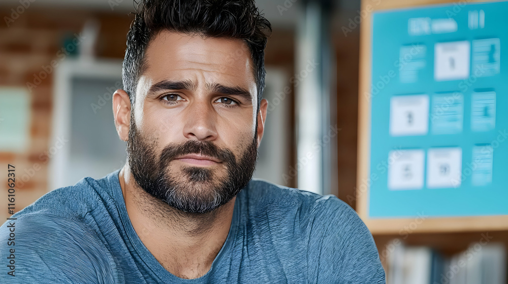 Close-up portrait of a serious, bearded man in a casual grey shirt, looking directly at the camera. Close-up portrait of a serious, bearded man in a casual grey shirt, looking directly at the camera.