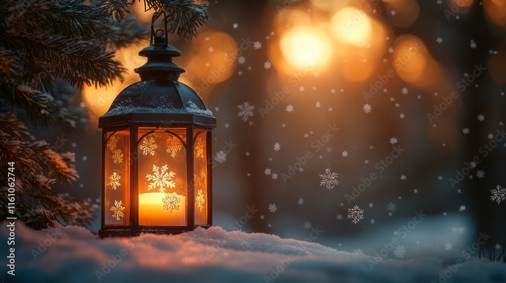 Illuminated lantern with snowflake patterns sits on snow-covered ground in a winter forest at sunset. Illuminated lantern with snowflake patterns sits on snow-covered ground in a winter forest at sunset.