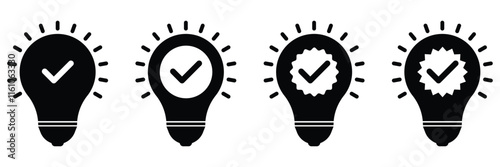 Bulb with check mark icon. Check mark light bulb icon. Light bulb with check mark.