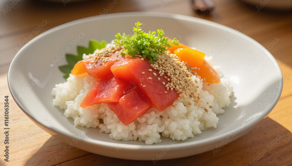 Sushi rice bowl with fresh tuna, salmon, and sesame seeds Sushi rice bowl with fresh tuna, salmon, and sesame seeds