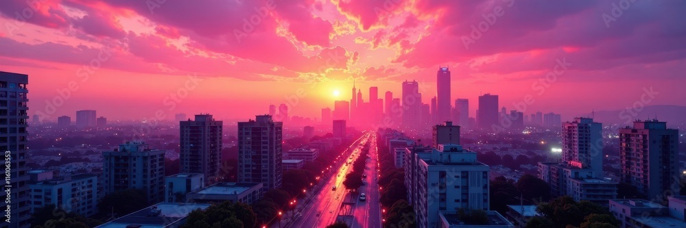 Obraz premium Urban cityscape at sunset with a vibrant pink background, sunset, cityscape, pink background