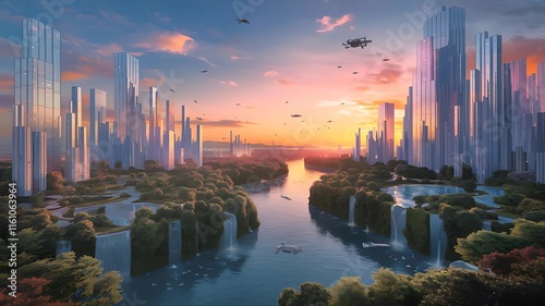 Futuristic Green Cityscape with Waterfalls at Sunset