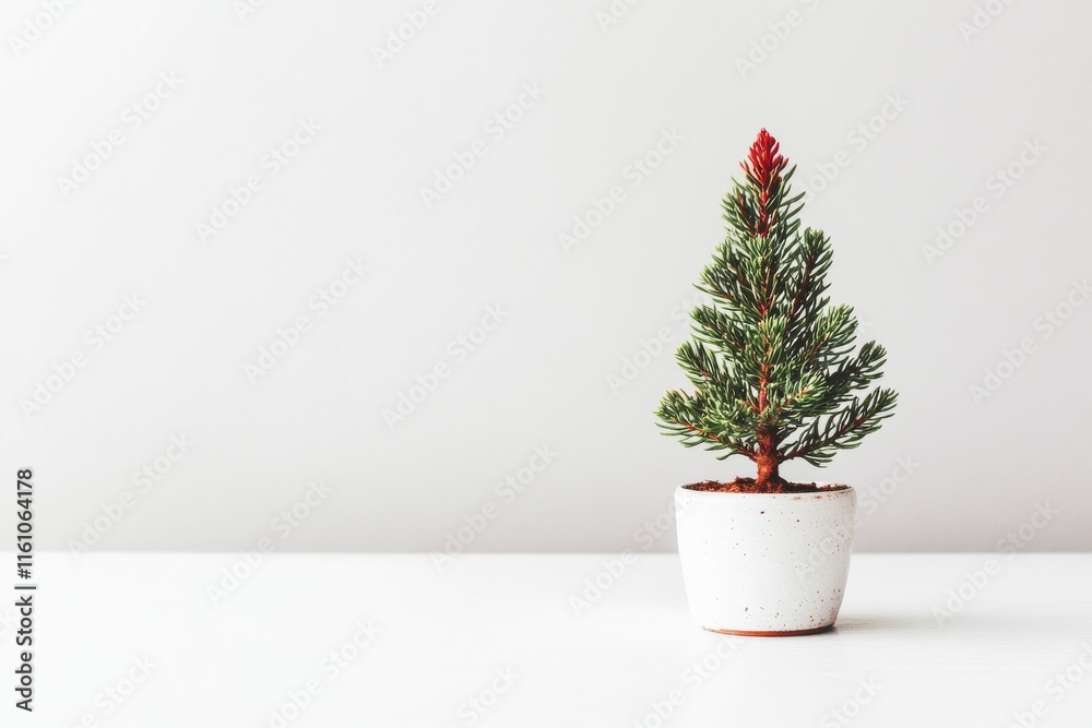 Fototapeta premium A small potted evergreen tree set against a minimalist background.