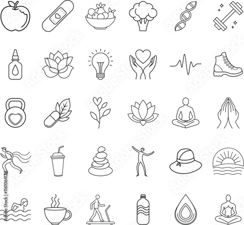 Healthy Lifestyle Icons Wellness, Fitness, Nutrition, and Mindfulness